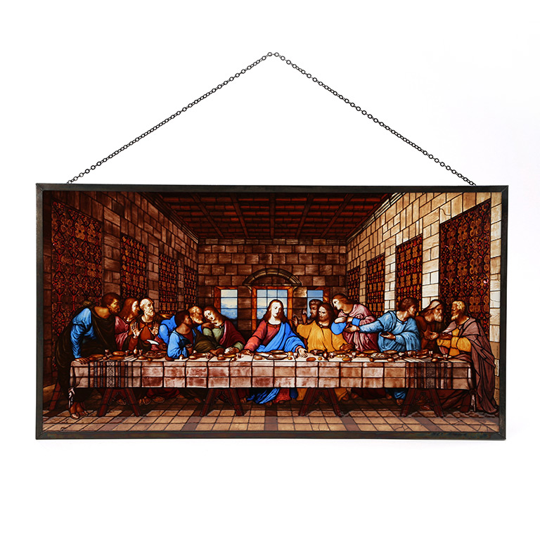 Last Supper Stained Glass Replica with chain and acrylic display holder